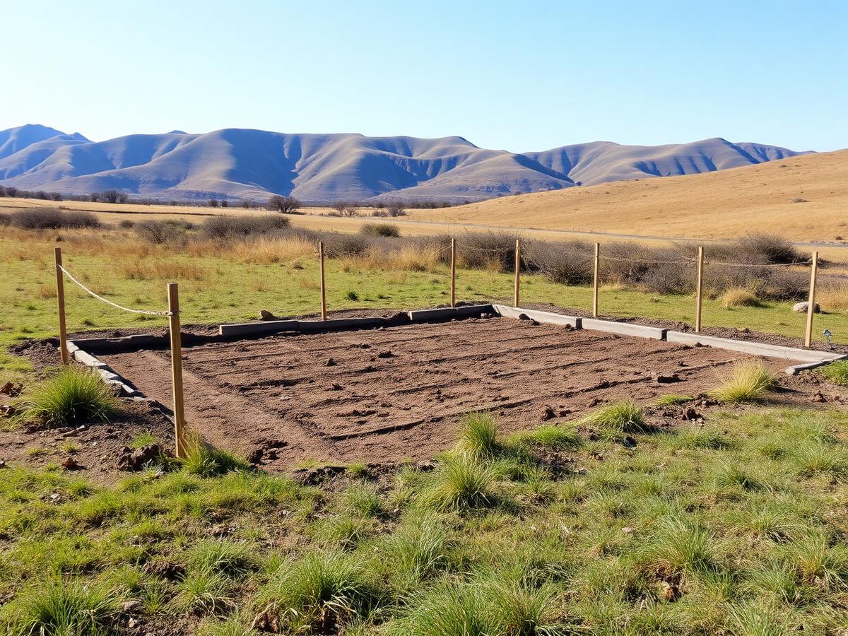 Cleared building plot with foundation set out