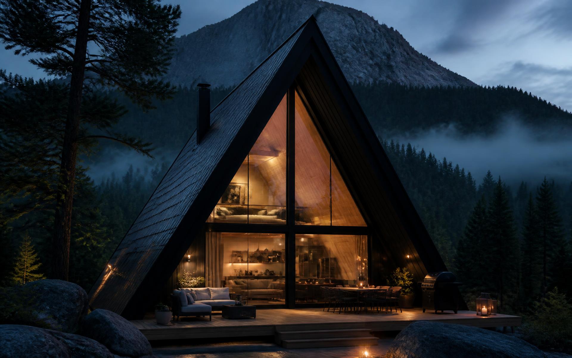 Modern black A-frame cabin glowing at dusk in a pine forest