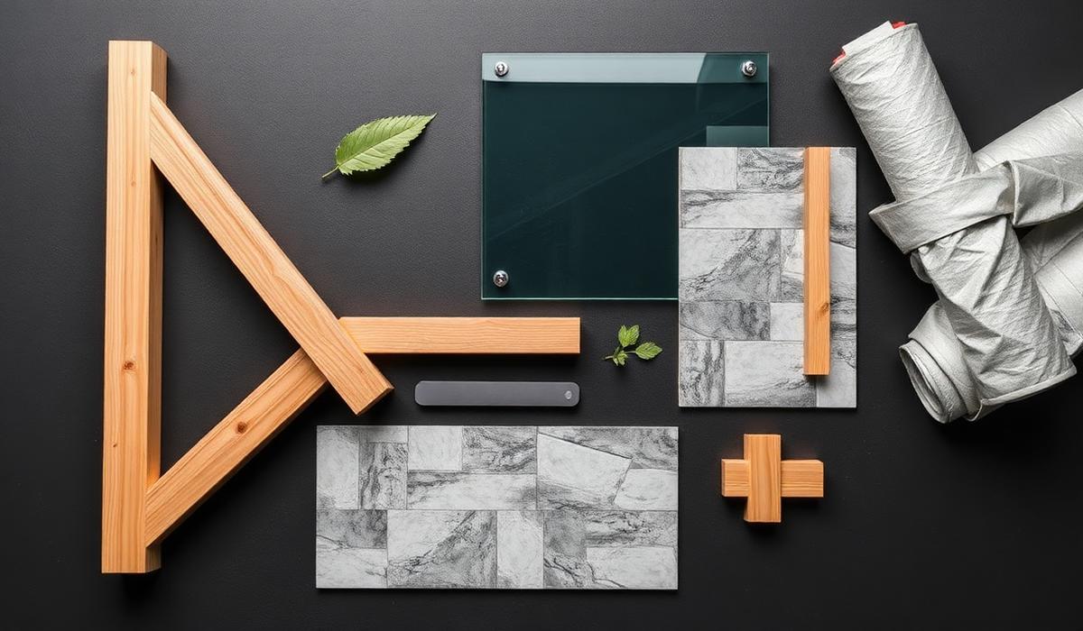 Timber, steel, glass, stone and insulation samples laid out on charcoal